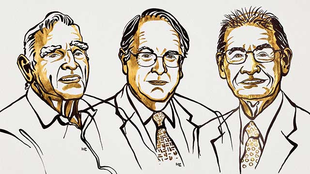 Illustration by Niklas Elmehed of the three laureates of the 2019 Nobel Prize in Chemistry (from left to right: John Goodenough, M. Stanley Whittingham and Akira Yoshino)